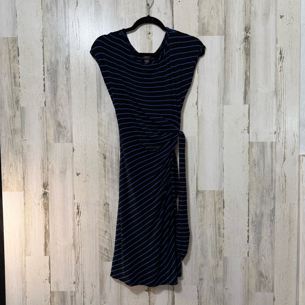 Spense Blue and White Faux Wrap Midi Dress with Tie Hip